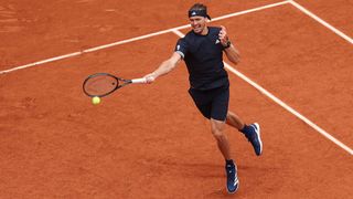Alexander Zverev plays a forehand at the French Open 2026