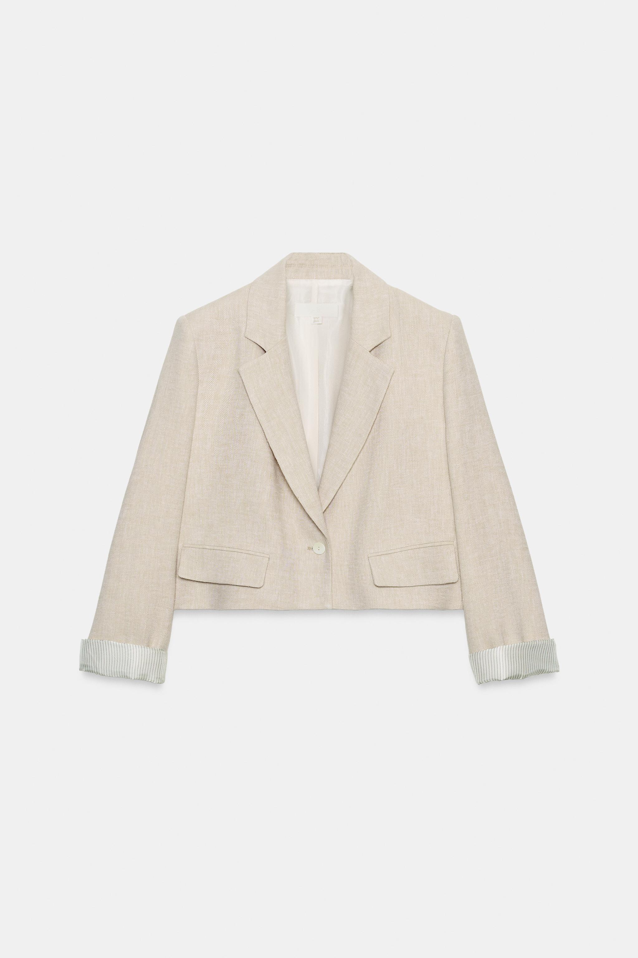 Linen Cropped Blazer With Shoulder Pads