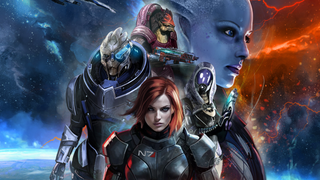 Commander Shepard, Garrus, Wrex, Tali, and Liara on the cover of the board game Mass Effect: Priority Hagalaz.