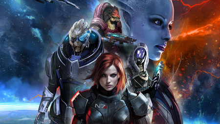 Commander Shepherd, Garrus, Wrex, Tali, and Liara on the cover of the board game Mass Effect: Priority Hagalaz.