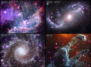 a four-panel composite image showing different galaxies and nebulas in full color