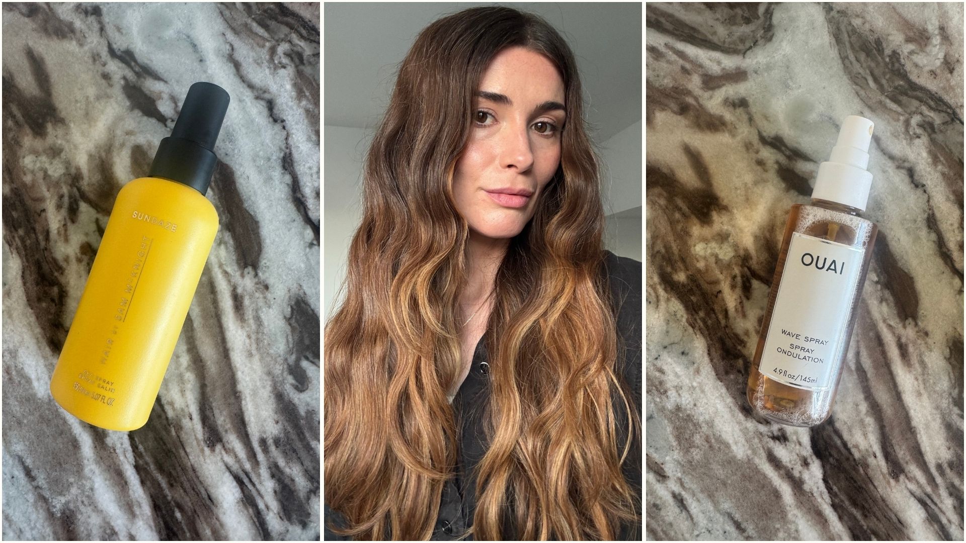 A collage with a photo of beauty editor Eleanor Vousden with wavy hair, and photos of the salt sprays she tested