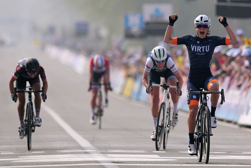 Sofia Bertizzolo (Virtu) takes fourth place, celebrates her teammate Marta Bastianelli's victory at Tour of Flanders