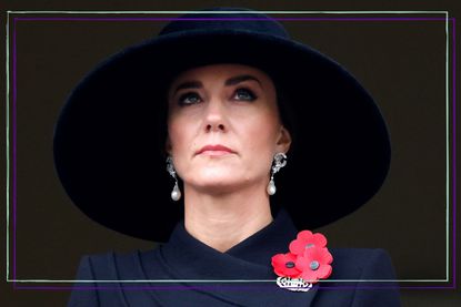 Kate Middleton wears pearl earrings and a black dress, hat and three Remembrance Poppies as she attends the National Service of Remembrance at The Cenotaph on November 13, 2022 in London, England. 