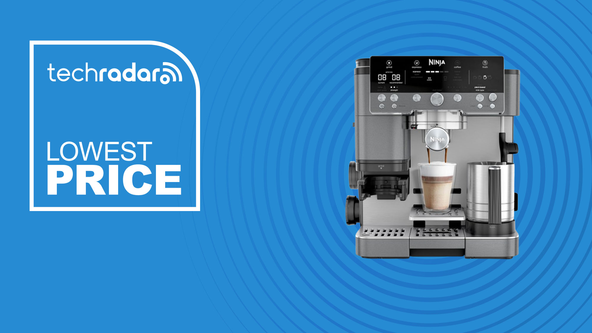 The Ninja Luxe Café on a blue background with text saying Lowest Price.