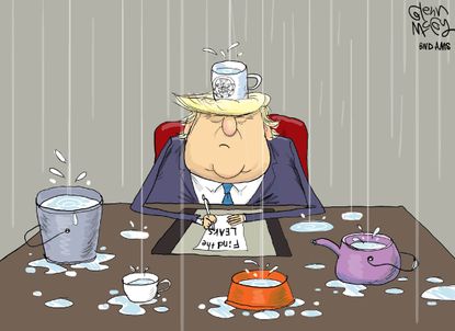 Political cartoon U.S. Trump White House find leaks