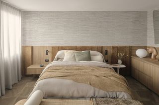 A bedroom with a multifunctional headboard