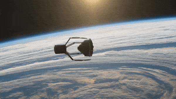 illustration of a four-pronged spacecraft reaching out to grasp a cone-shaped piece of space debris. earth and clouds are below and the curve of the planet is visible in the background with space above