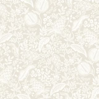 A beige square filled with white line illustrations of leaves, flowers, berries, and pomegranates