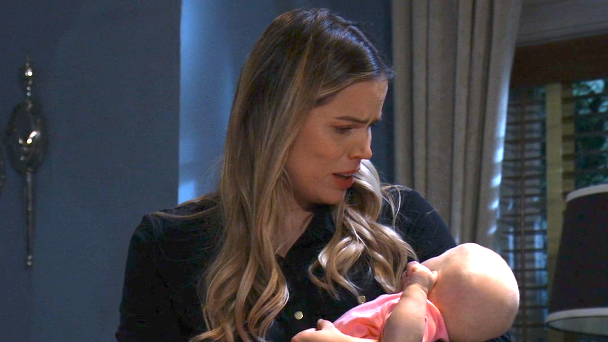 Sofia Mattsson as Sasha holding Daisy and horrified in General Hospital 