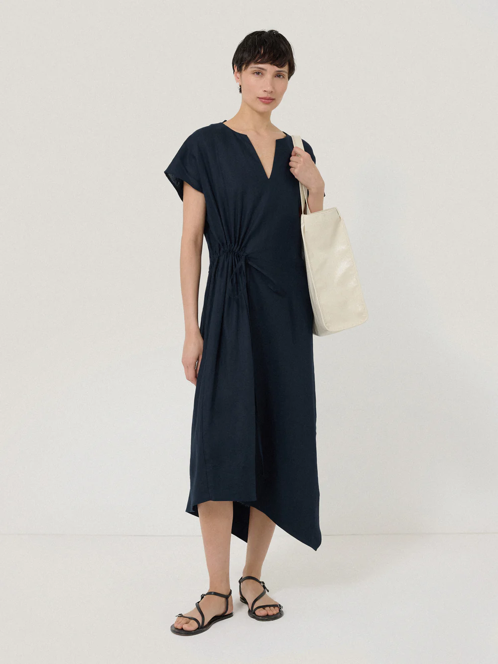 Linen Channel Midi Dress | Navy