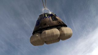 An artist's illustration of Boeing's CST-100 Starliner during descent and landing.