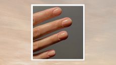 A close-up of hand with beige nails, by nail artist, Mateja Novakovic and pictured in a beige to grey sunset-style gradient template.