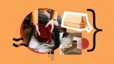 Photo collage of a man's hands, placing a velvet wash bag into an open suitcase; a product shot of a wash bag; and a woman sitting on a hotel bed, taking a wash bag out of her suitcase