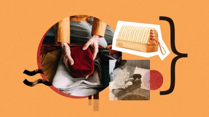 Photo collage of a man&#039;s hands, placing a velvet wash bag into an open suitcase; a product shot of a wash bag; and a woman sitting on a hotel bed, taking a wash bag out of her suitcase