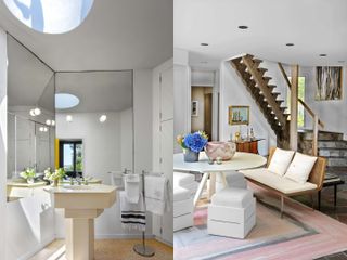 In a modernist house, a mirror-filled bathroom features mid-century modern decor, porthole windows, and a pastel-shaded palette. The living room, shown on the right-end side of this split image, features a wooden staircase, organically shaped vases on a round table, and a large rug.