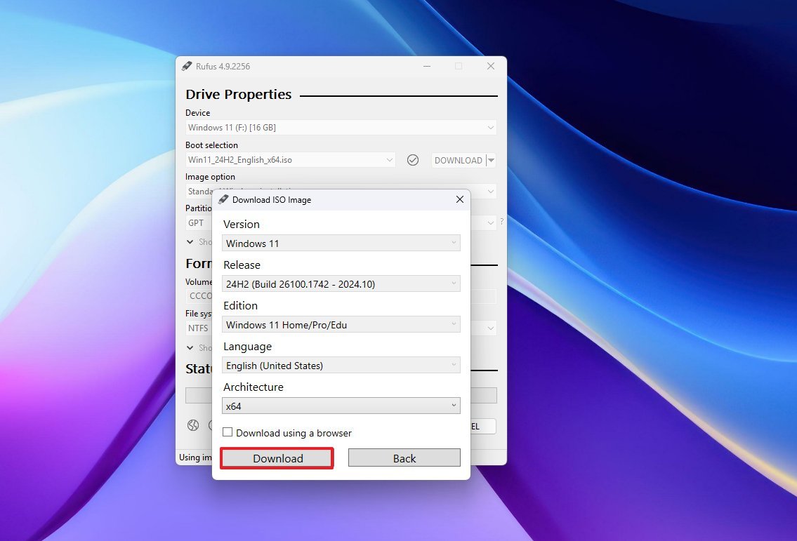 Rufus ISO download settings