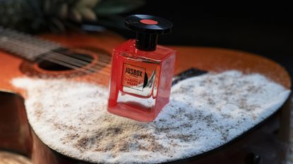 The Jusbox Carioca Heart bottle on a snow-covered guitar
