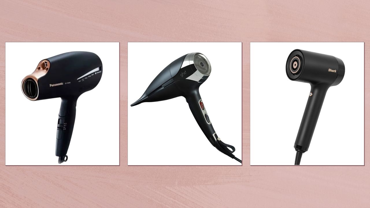 A collage of three of the best hair dryers for fine hair featuring press shots of the Shark Style iQ hair dryer, the Panasonic Nanoe hair dryer and the ghd Helios hair dryer on white backgrounds/ and in a pink template