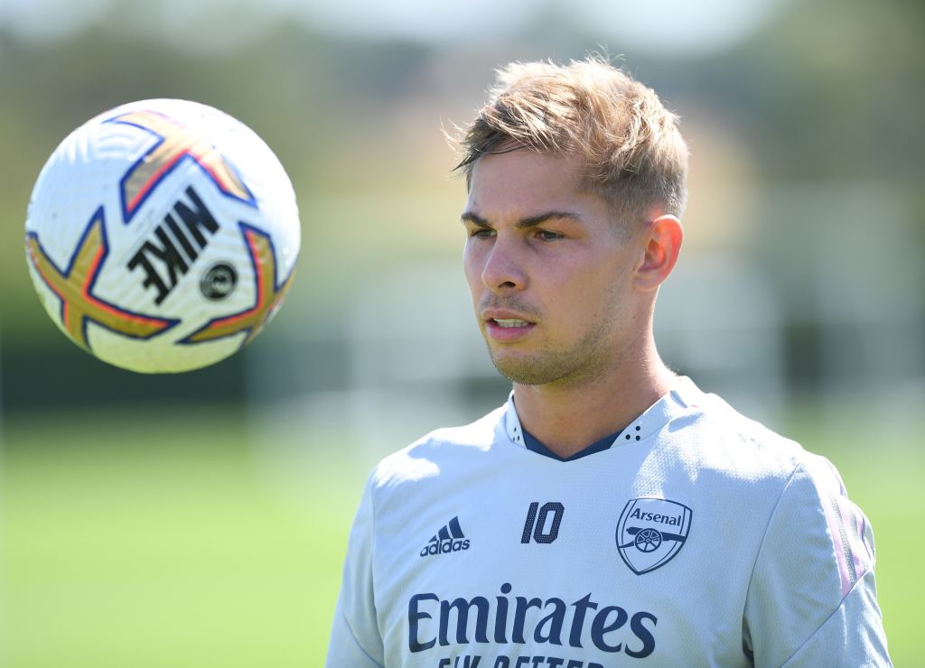 Emile Smith Rowe of Arsenal during a training session at London Colney on August 09, 2022 in St Albans, England.