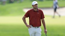 Scottie Scheffler looks on while resting on his putter