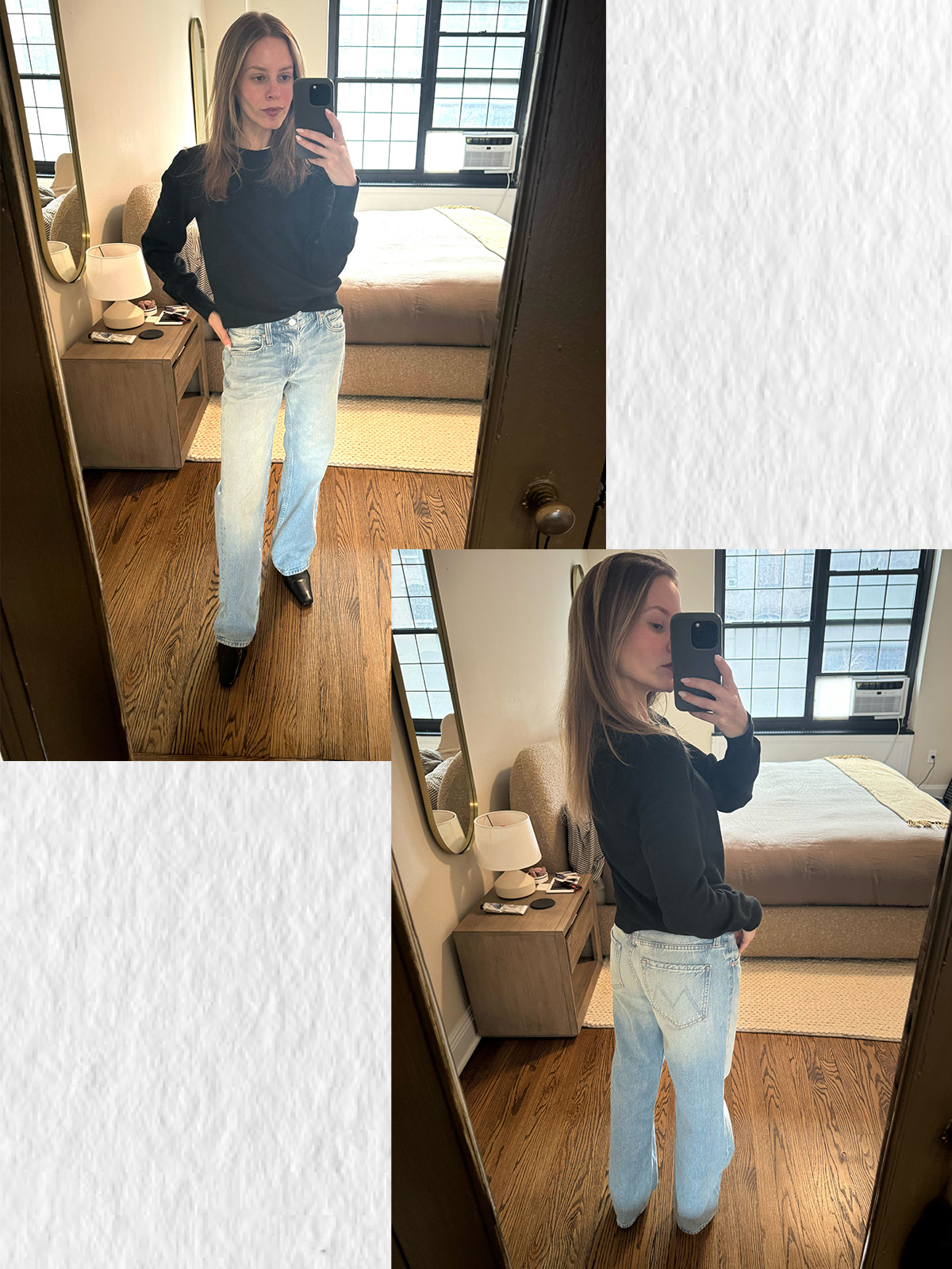 nikki tries on mother petite jeans for women.