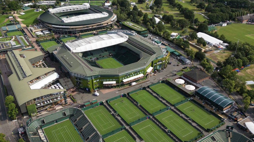 An aerial view of the All England Lawn Tennis & Croquet Club (a.k.a. Wimbledon) in London, England