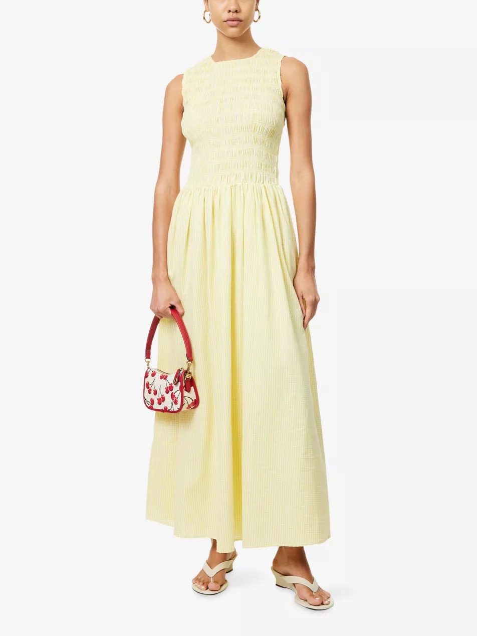 Shirred Gingham Cotton-Poplin Maxi Dress