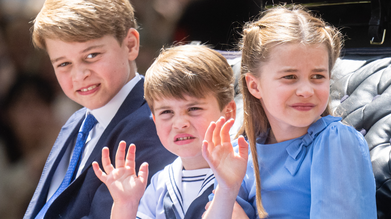 Prince George of Cambridge, Prince Louis of Cambridge and Princess Charlotte of Cambridge ride in a carriage during Trooping The Colour, the Queen&#039;s annual birthday parade, on June 02, 2022 in London, England.Trooping The Colour, also known as The Queen&#039;s Birthday Parade, is a military ceremony performed by regiments of the British Army that has taken place since the mid-17th century. It marks the official birthday of the British Sovereign. This year, from June 2 to June 5, 2022, there is the added celebration of the Platinum Jubilee of Elizabeth II in the UK and Commonwealth to mark the 70th anniversary of her accession to the throne on 6 February 1952