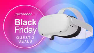 The Oculus QUest 2 floating next to a sign saying "Black Friday Quest 2 Deals"
