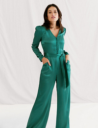 M&amp;S x GHOST Satin Belted Wide Leg Jumpsuit | $139/£79
In an emerald-green hue, this satin jumpsuit makes an ideal outfit for a New Year's Eve bash, and an even more perfect option if you're attending an NYE wedding. Wear with some glitzy court shoes in a contrasting black hue, team with a black crossbody or hobo bag, and throw on a cozy coat.