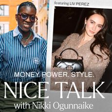 A photo of Nikki Ogunnaike with an inset photo of Liv Perez and the words "Money. Power. Style. Nice Talk with Nikki Ogunnaike"