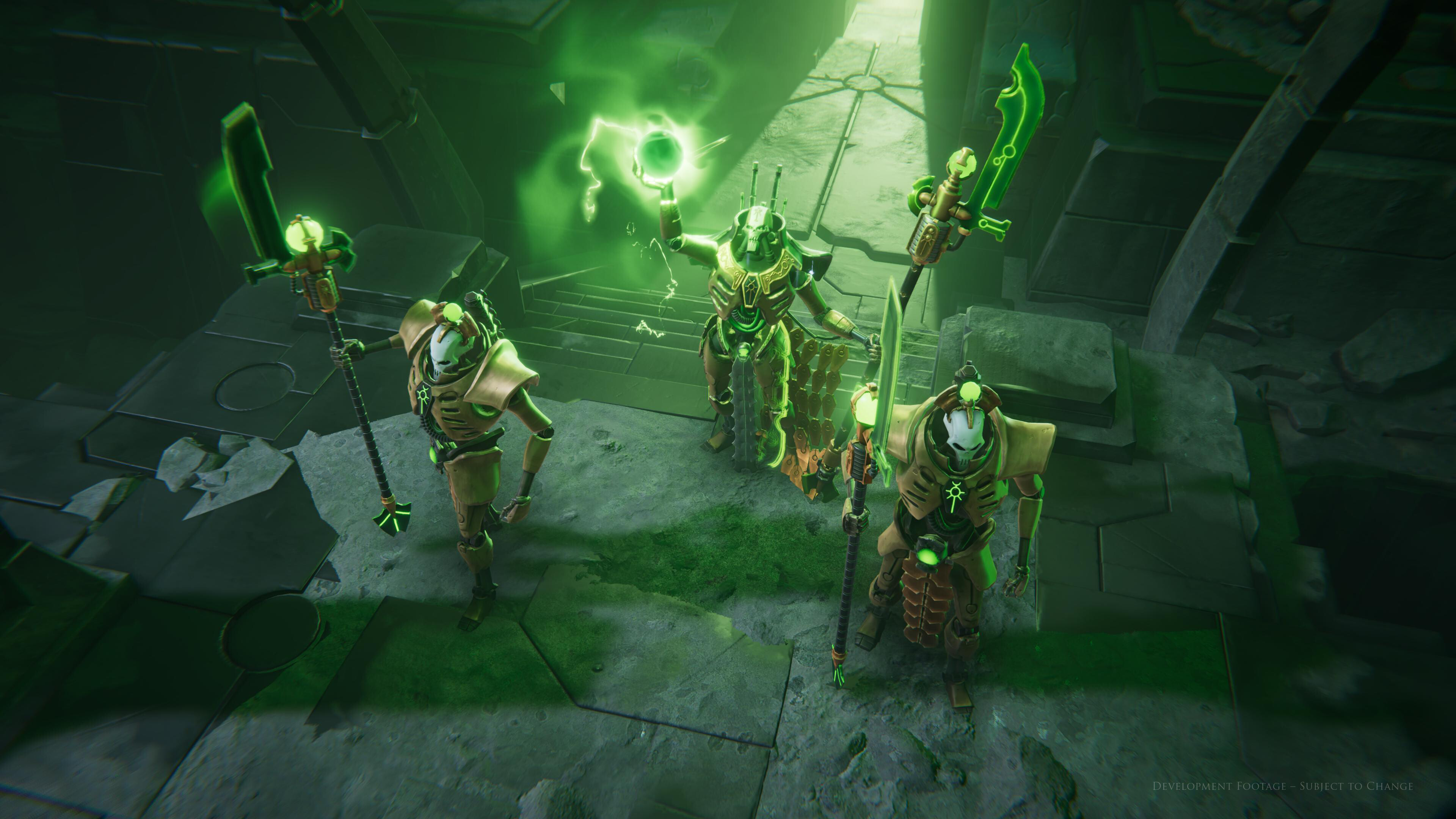 A Necron leader and their guards in Warhammer 40,000: Mechanicus 2.