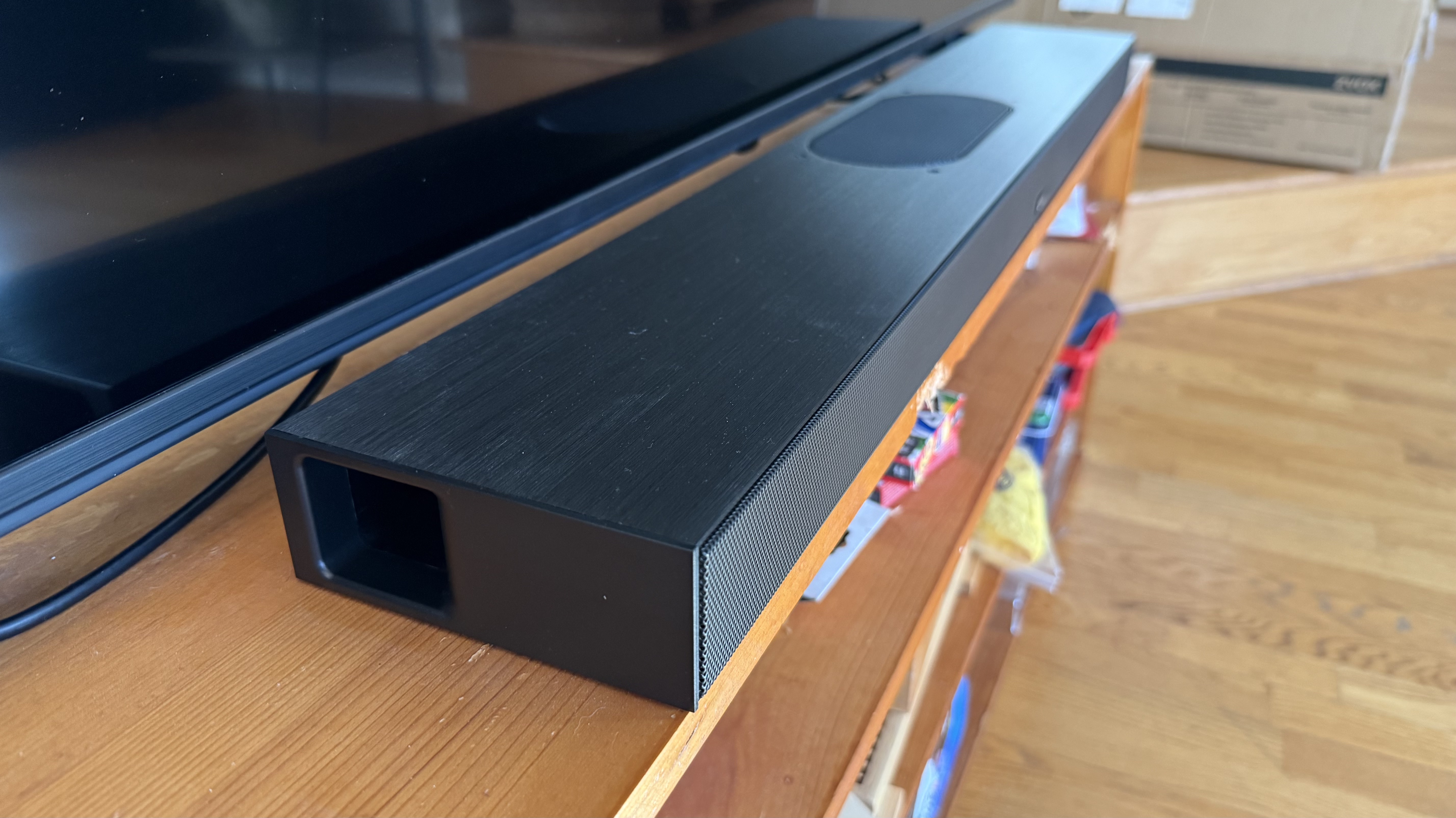 A closeup of the bass post on the edge of the Zvox AccuVoice AV855 soundbar