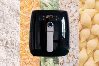 An air fryer in front of a collage of rice, grated cheese, broccoli, popcorn and pasta