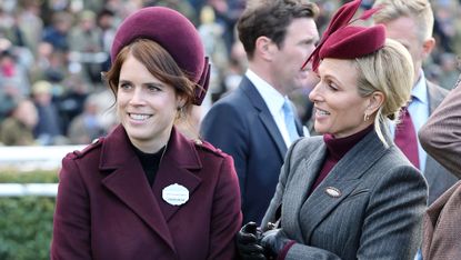 Princess Eugenie of York and Zara Tindall attend 'Style Wednesday' on the second day of The Cheltenham Festival at Cheltenham Racecourse on March 12, 2025