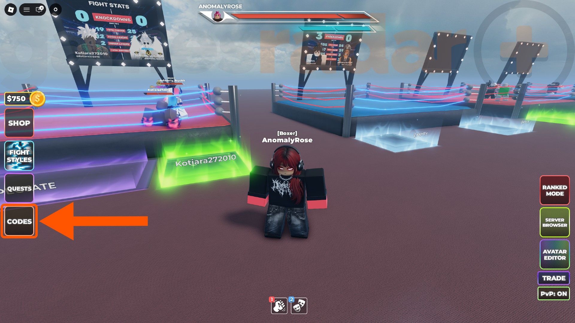 An arrow points out the codes button for redeeming Untitled Boxing Game codes