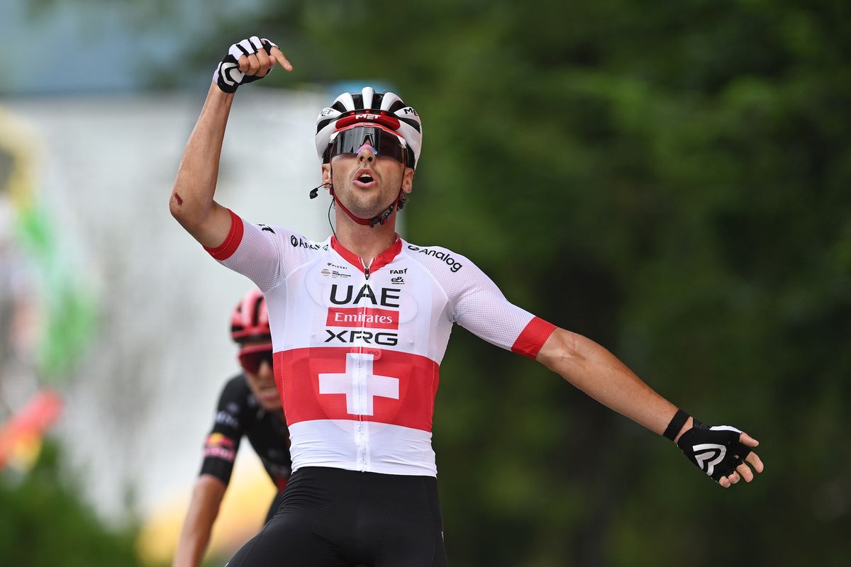 KOCIERZ RESORT, POLAND - AUGUST 07: Jan Christen of Switzerland and UAE Team Emirates - XRG celebrates at finish line as stage winner during the 83rd Tour de Pologne 2026, Stage 5 a 218.9km stage from Opole to Kocierz Resort 747m / #UCIWT / on August 07, 2026 in Kocierz Resort, Poland. (Photo by Luc Claessen/Getty Images)