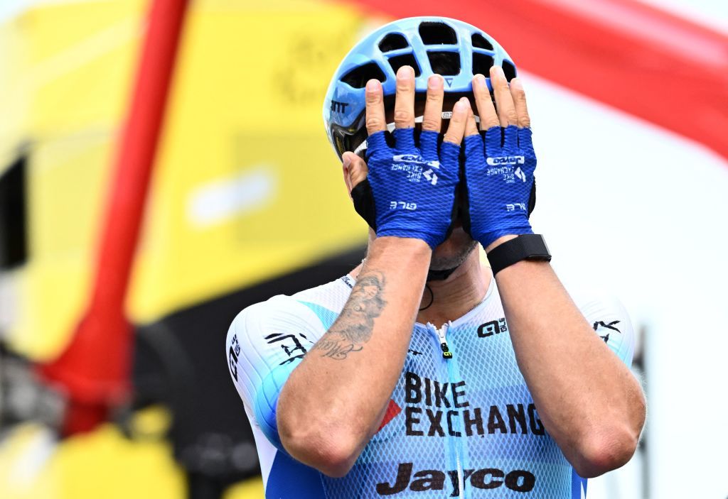 Team BikeexchangeJayco teams Dutch rider Dylan Groenewegen celebrates as he crosses the finish line to win the 3rd stage of the 109th edition of the Tour de France cycling race 182 km between Vejle and Sonderborg in Denmark on July 3 2022 Photo by Marco BERTORELLO AFP Photo by MARCO BERTORELLOAFP via Getty Images