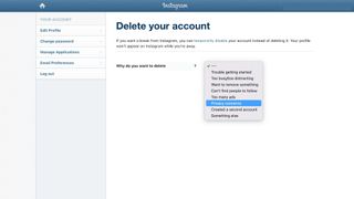 A dropdown list of reasons for deleting your Instagram account, on Instagram’s Delete your account page