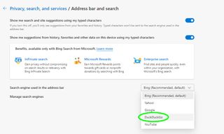 The setting to make DuckDuckGo the default search engine in Microsoft Edge.