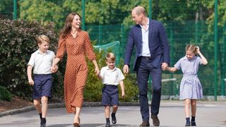 Prince William, Kate Middleton, Prince George, Princess Charlotte and Prince Louis pictured arriving for a settling in afternoon at Lambrook School, near Ascot on September 7, 2022 in Bracknell, England.