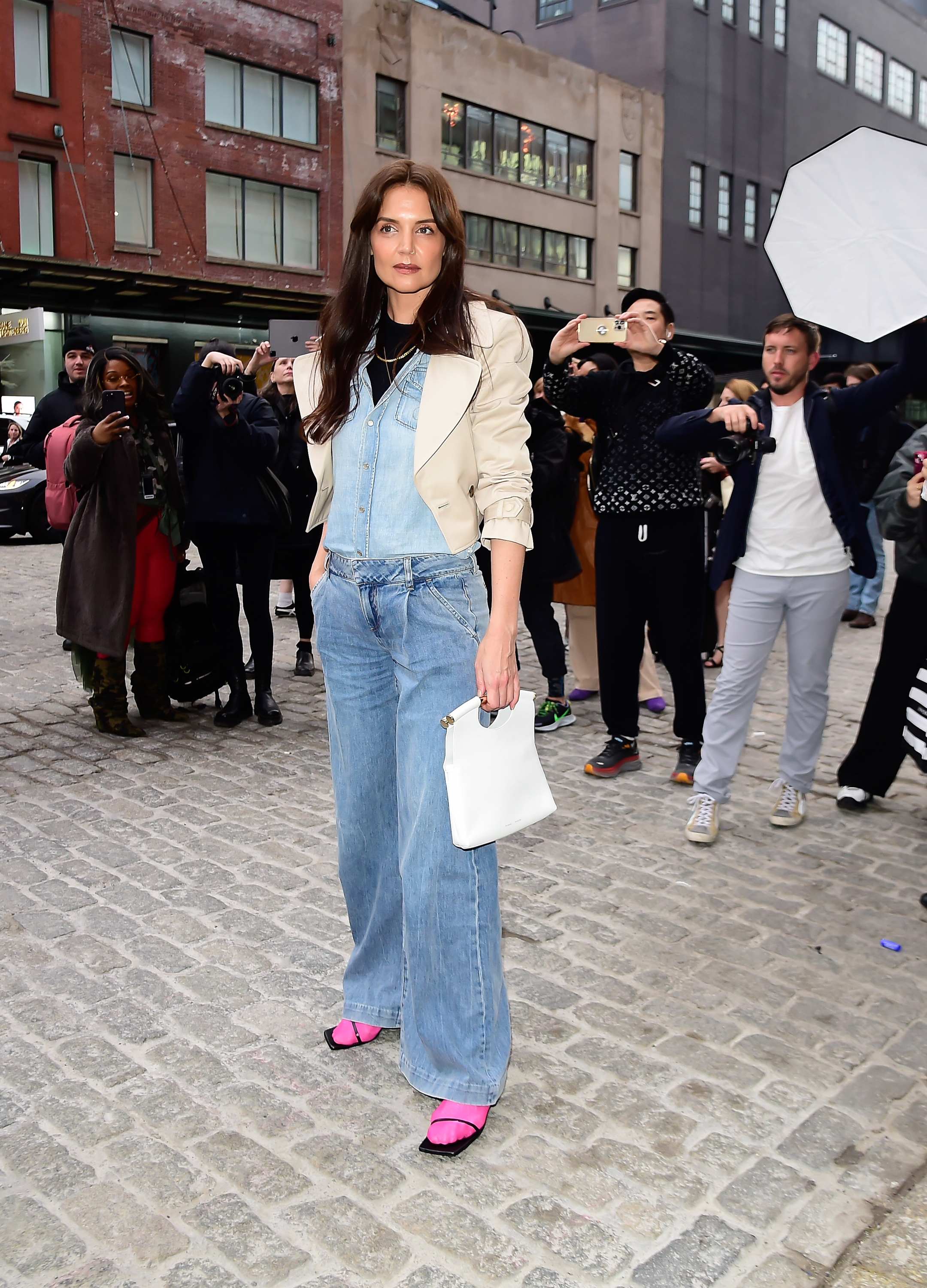 Katie Holmes wearing double denim