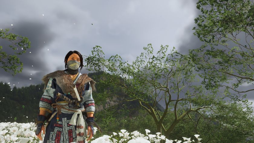 Ghost of Yotei screenshot featuring Atsu on a hill with flowers