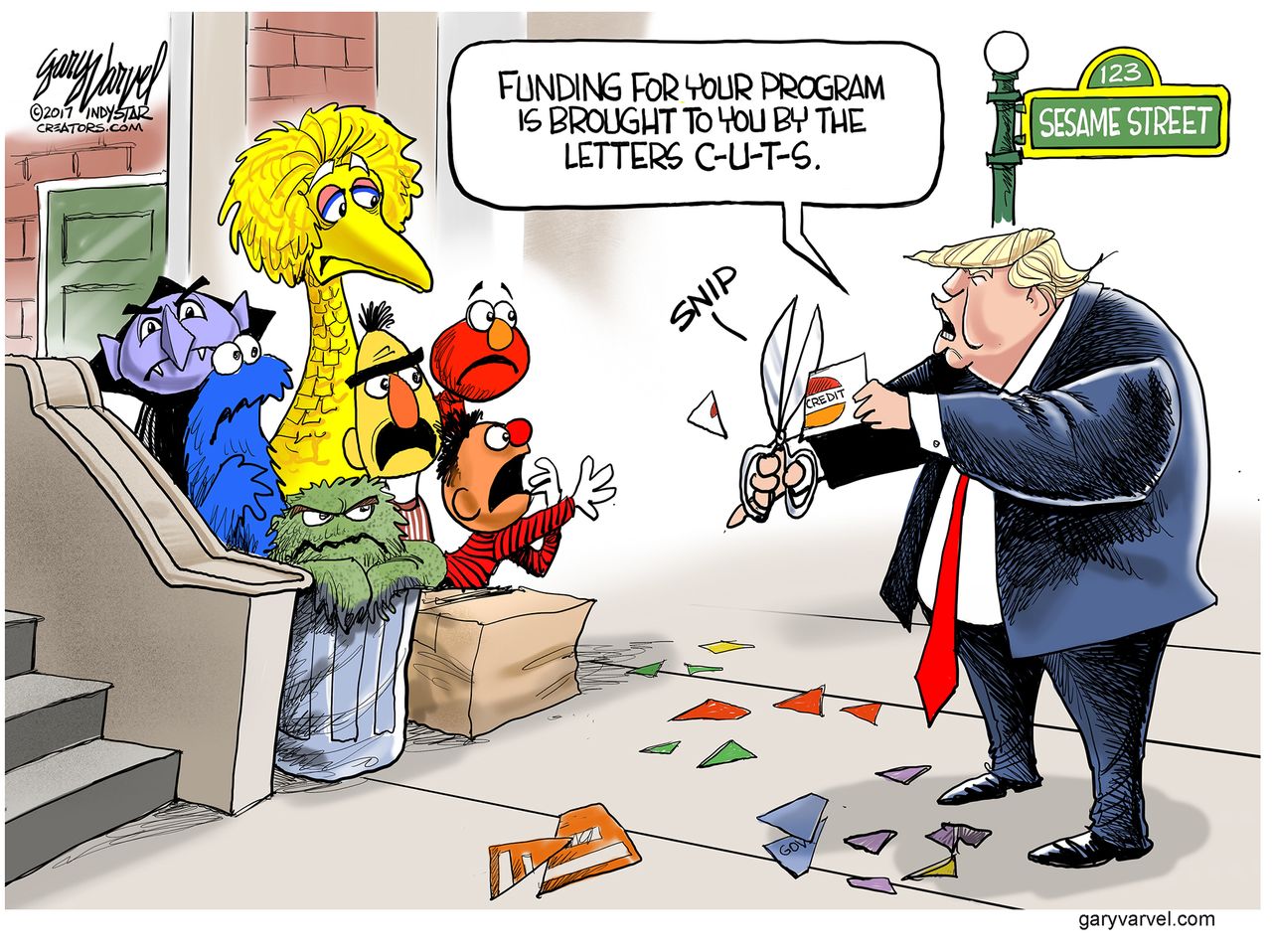 Political Cartoon U.S.&amp;amp;nbsp; Trump Budget cuts PBS Sesame Street Elmo Big Bird