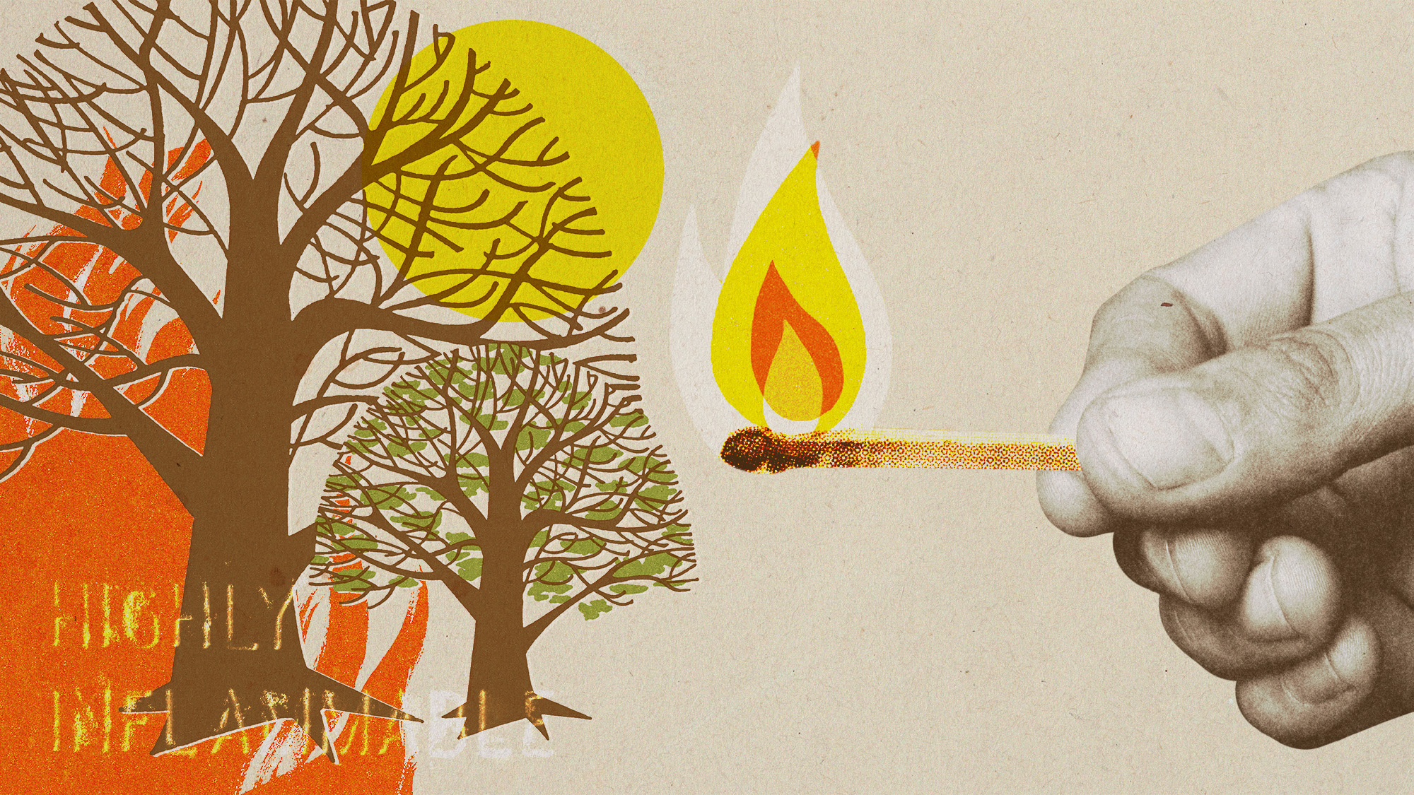 Photo and illustrative collage of a giant hand holding a match to dry trees