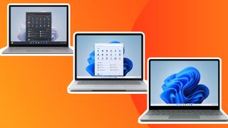 Three of the best Microsoft laptops on an orange background