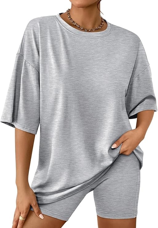 Automet Womens 2 Piece Sets Summer Outfits 2025 Two Piece Lounge Set Matching Clothing Oversized Tshirts Biker Short Fashion Grey S
