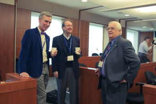 The Planetary Society hosted a press event today (April 2, 2015) to discuss a plan for NASA sending humans to Mars. The event panelists were (from left): Planetary Society CEO Bill Nye, and Scott Hubbard and John Logsdon, both members of the society's board of directors.