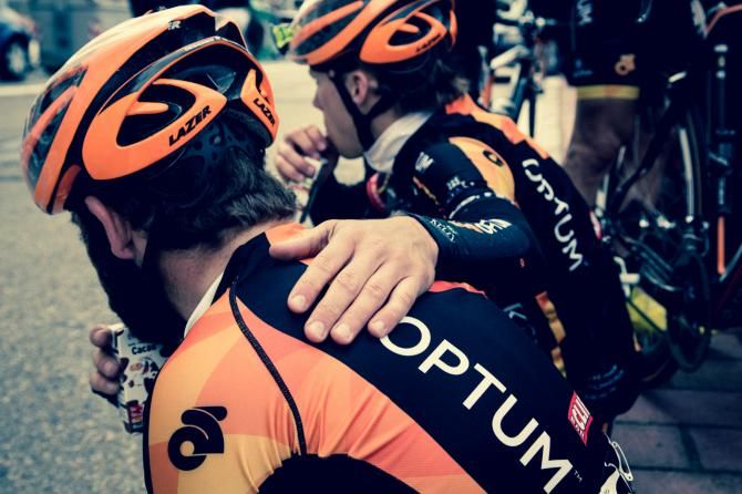 Tom Soladay and Mike Friedman share a moment after the extremely tough opening stage at the Vuelta a Castilla y Leon
